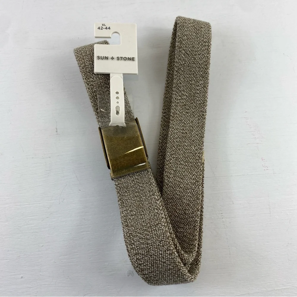 Sun + Stone Men’s Heathered Tan Stretchy Textured Belt with Metallic Buckle XL‎